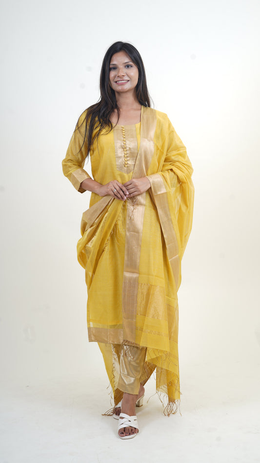 YELLOW TISSUE SILK STRIPE MAHESHWARI SUIT-DUPATTA SET