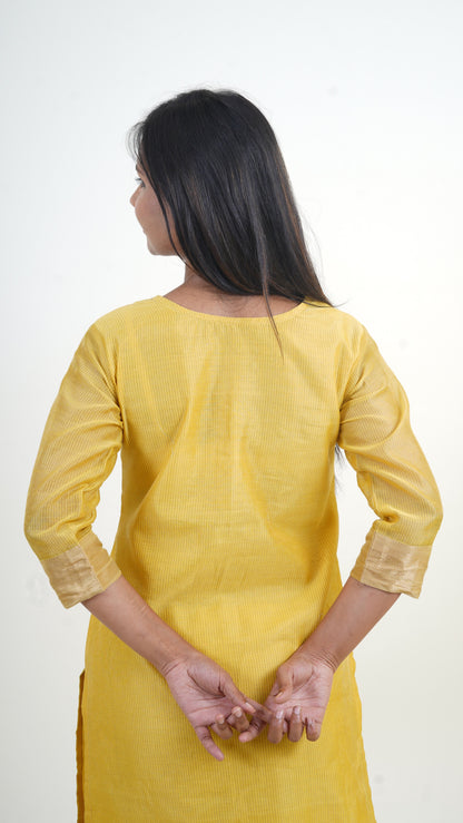YELLOW TISSUE SILK STRIPE MAHESHWARI SUIT-DUPATTA SET