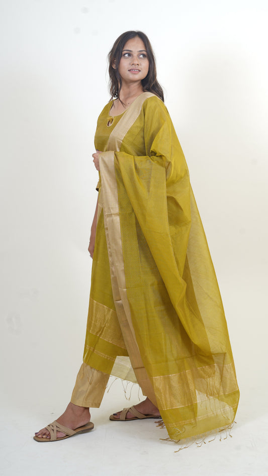OLIVE GREEN TISSUE SILK STRIP  MAHESHWARI SUIT-DUPATTA SET