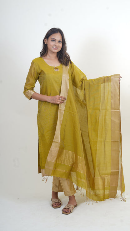 OLIVE GREEN TISSUE SILK STRIP  MAHESHWARI SUIT-DUPATTA SET