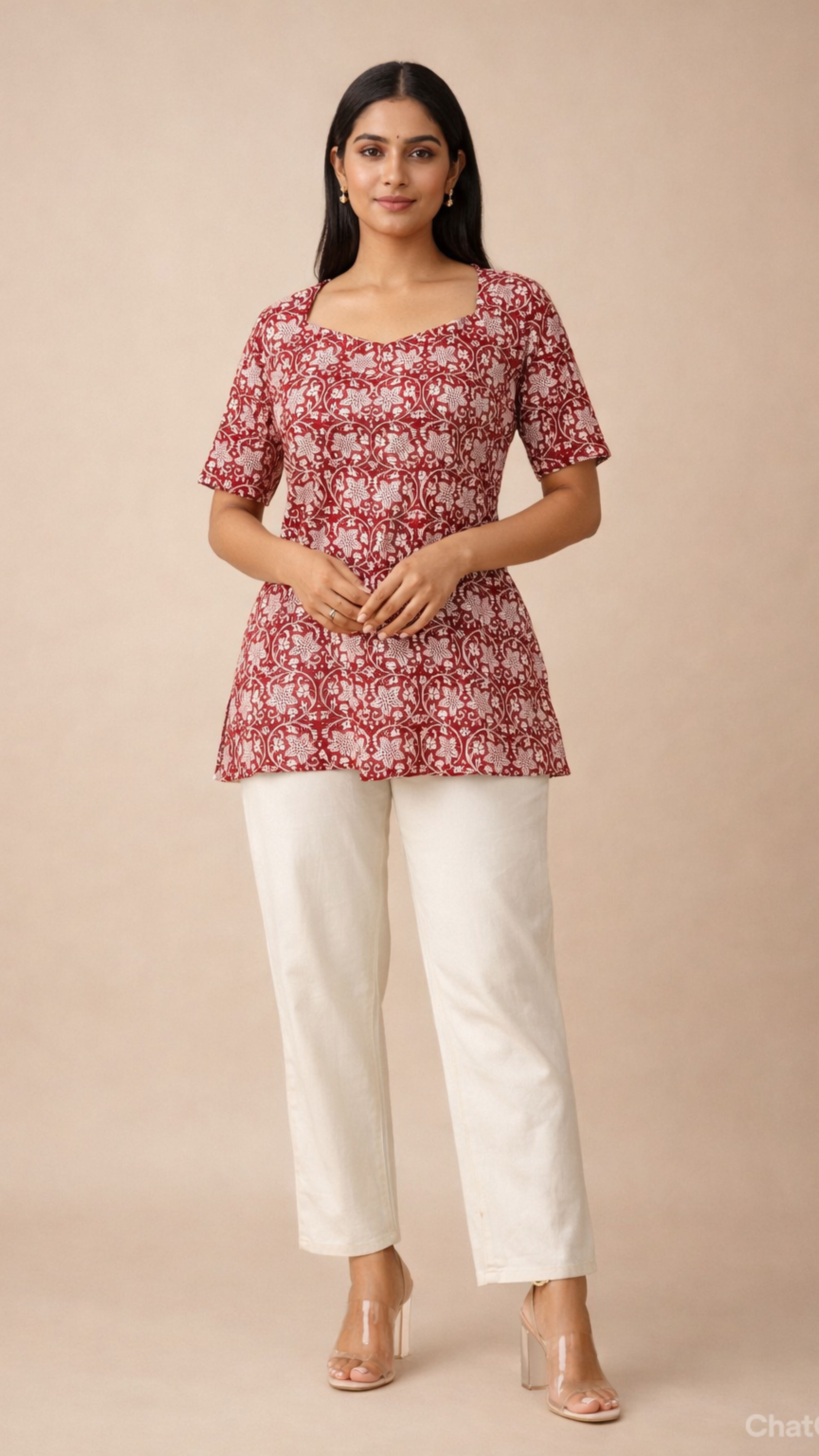 RED WHITE BATIK PRINT SHORT KURTI