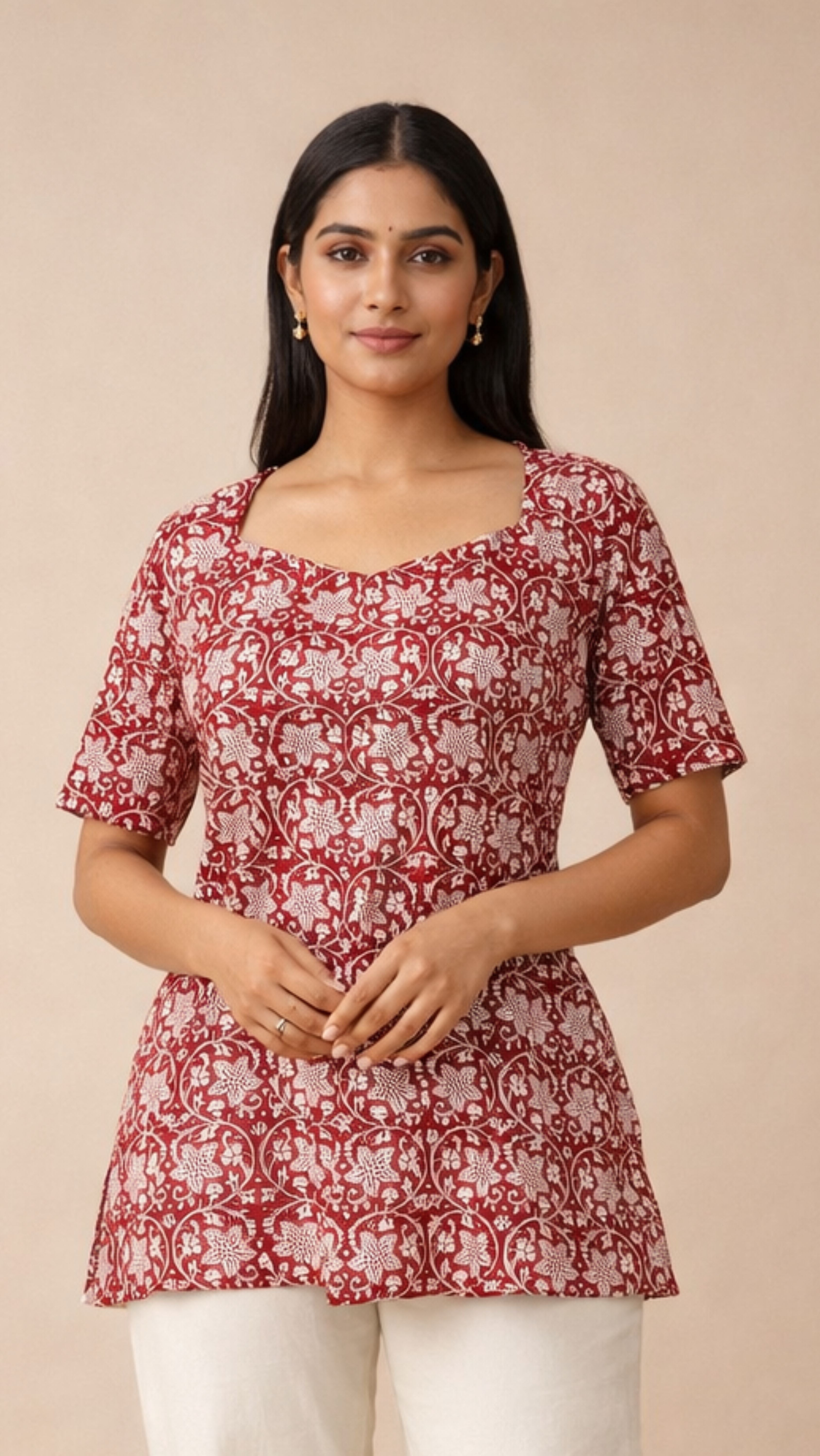 RED WHITE BATIK PRINT SHORT KURTI