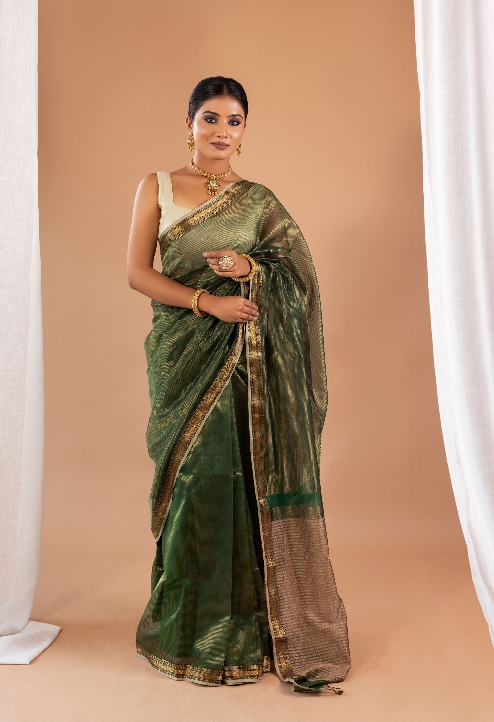 BOTTLE GREEN  ZARI STRIPES KOSA  PALLU SAREE