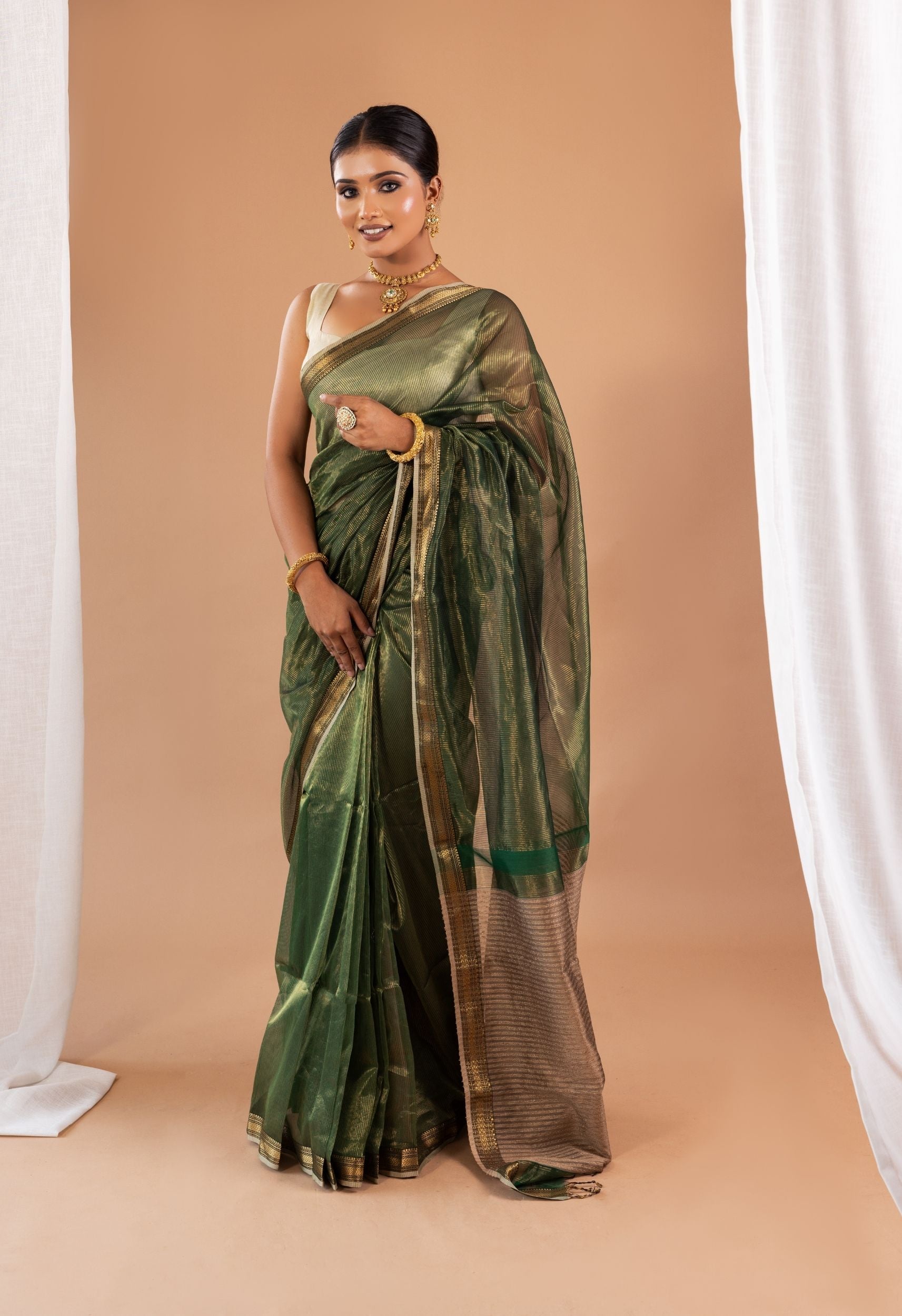 BOTTLE GREEN  ZARI STRIPES KOSA  PALLU SAREE