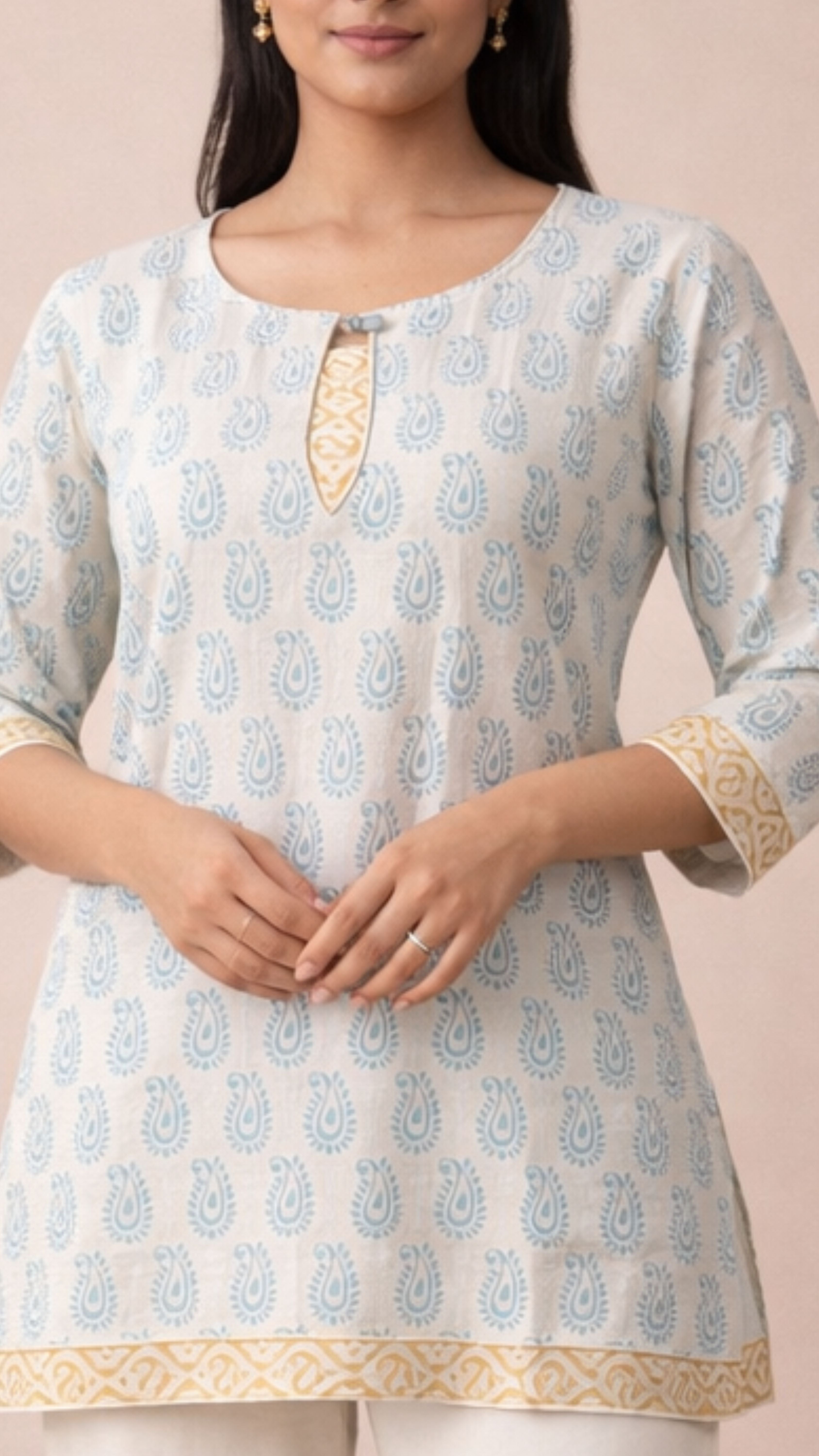 WHITE INDIGO BAGH PRINT SHORT KURTI