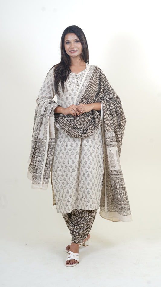 BEIGE BROWN  BAGH PRINT SUIT SET