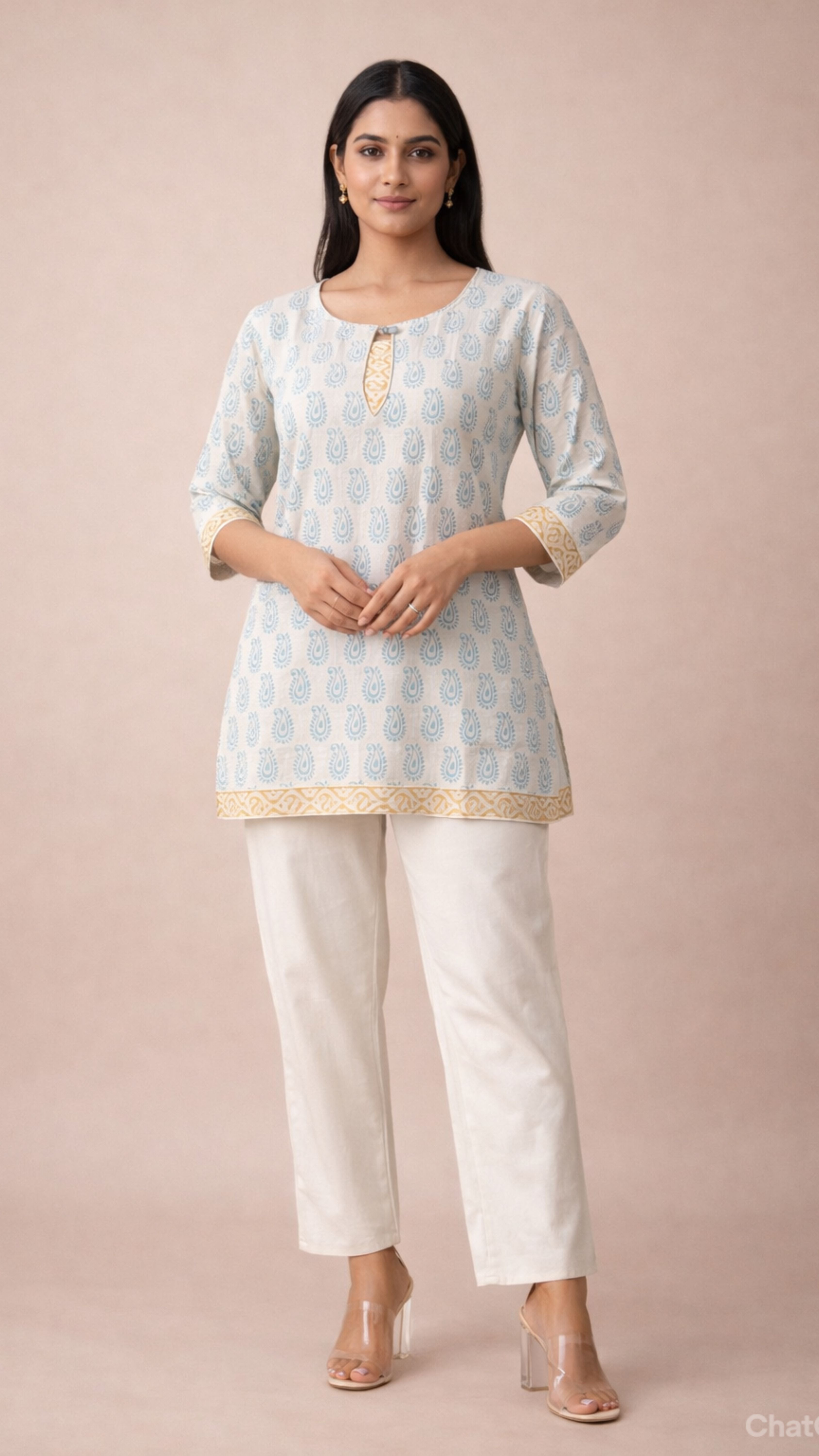 WHITE INDIGO BAGH PRINT SHORT KURTI