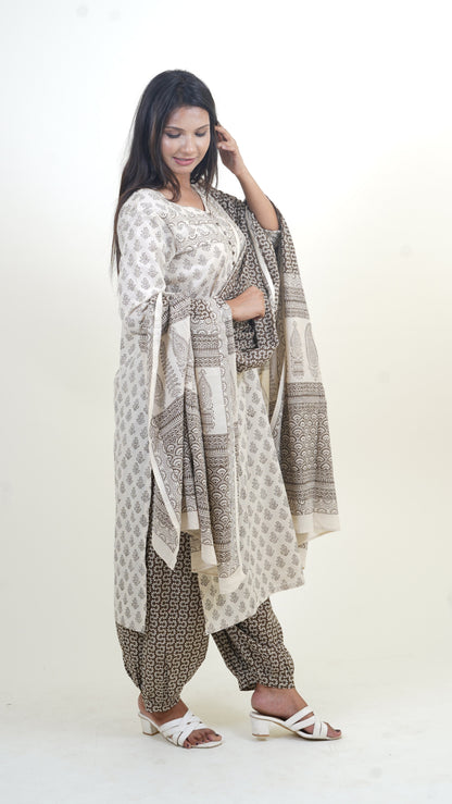 BEIGE BROWN  BAGH PRINT SUIT SET