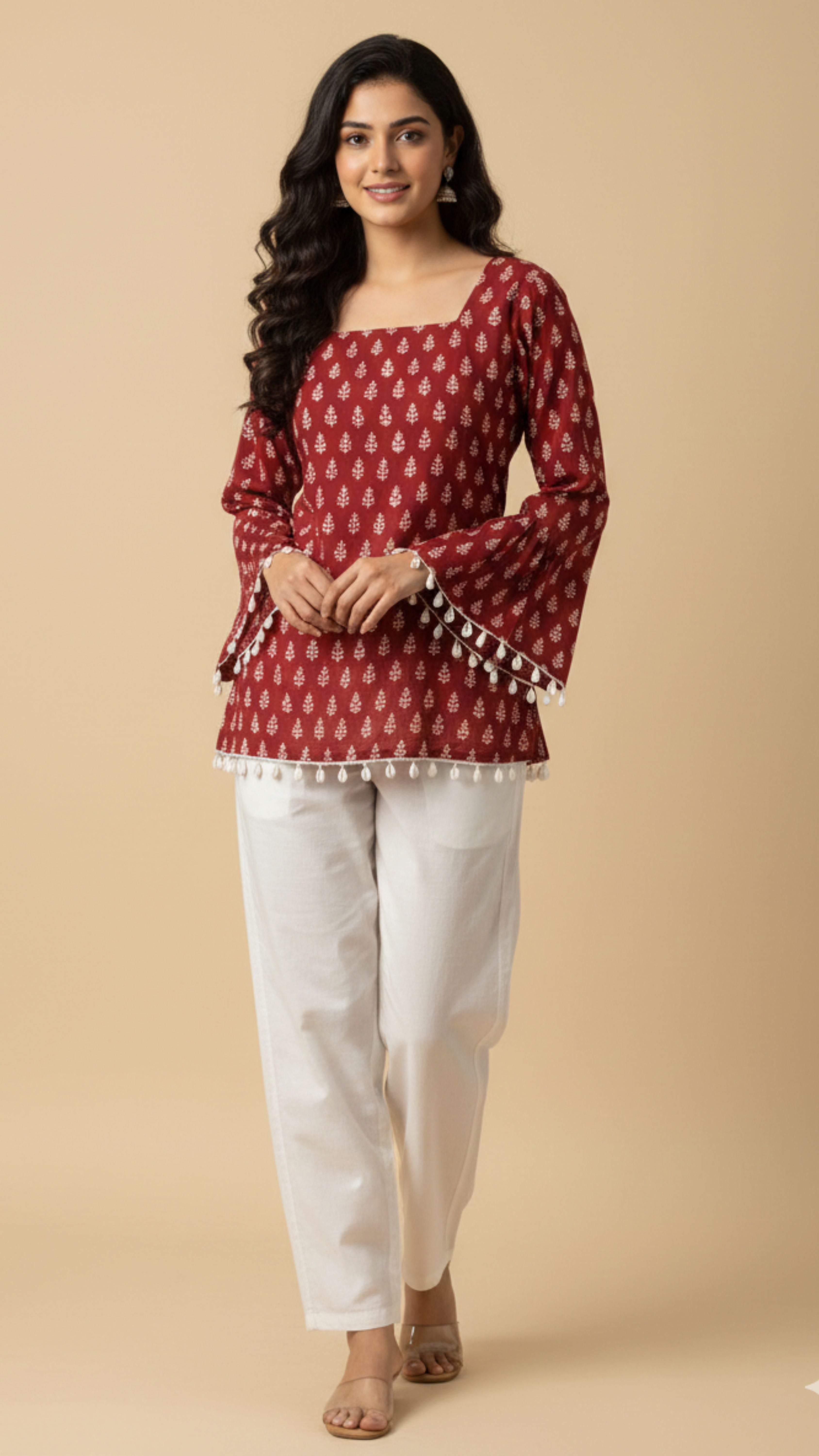 RED WHITE BAGH PRINT SHORT KURTI