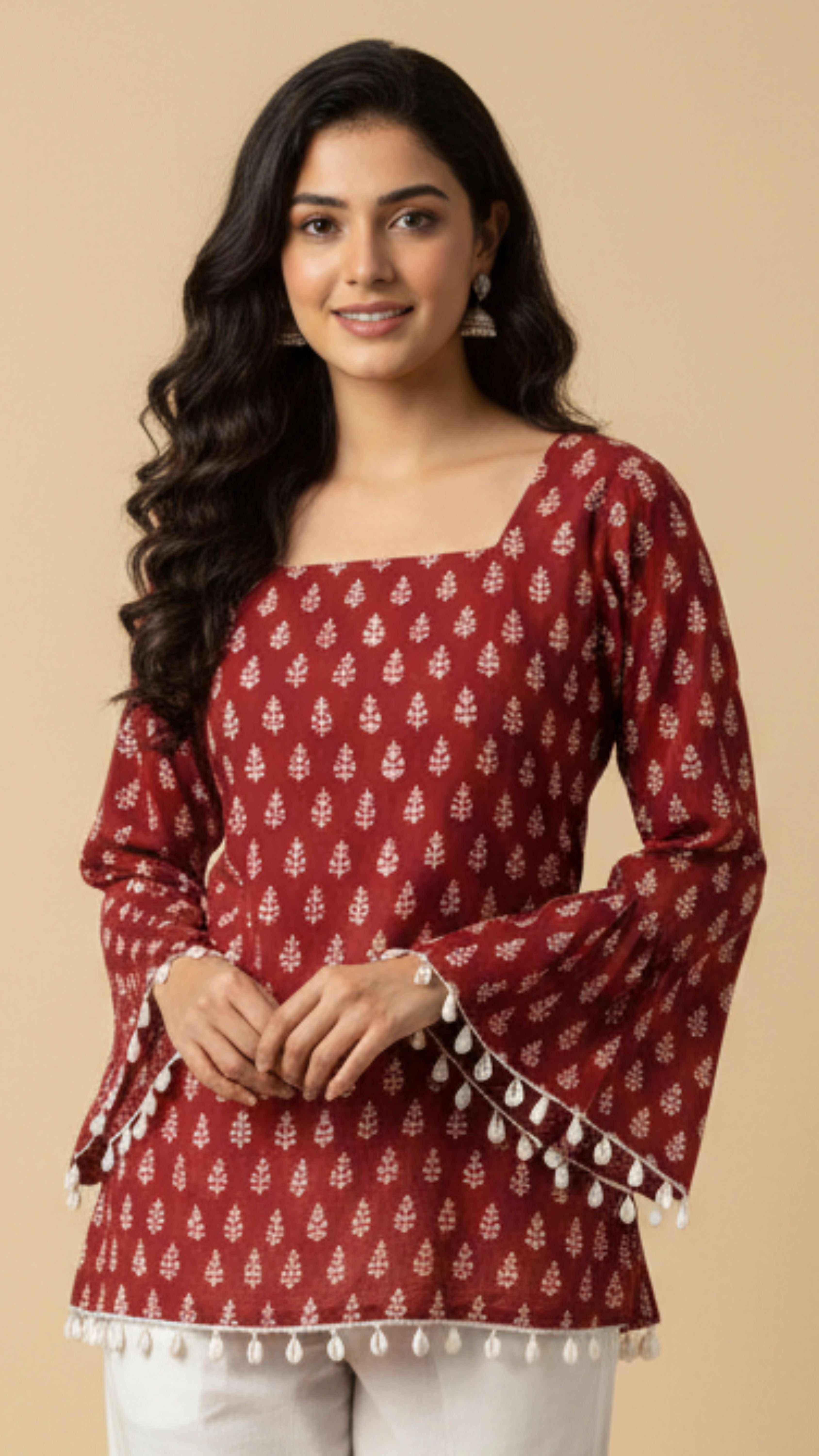 RED WHITE BAGH PRINT SHORT KURTI
