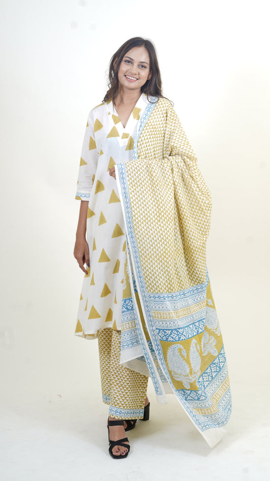 WHITE GREEN BAGH PRINT SUIT SET