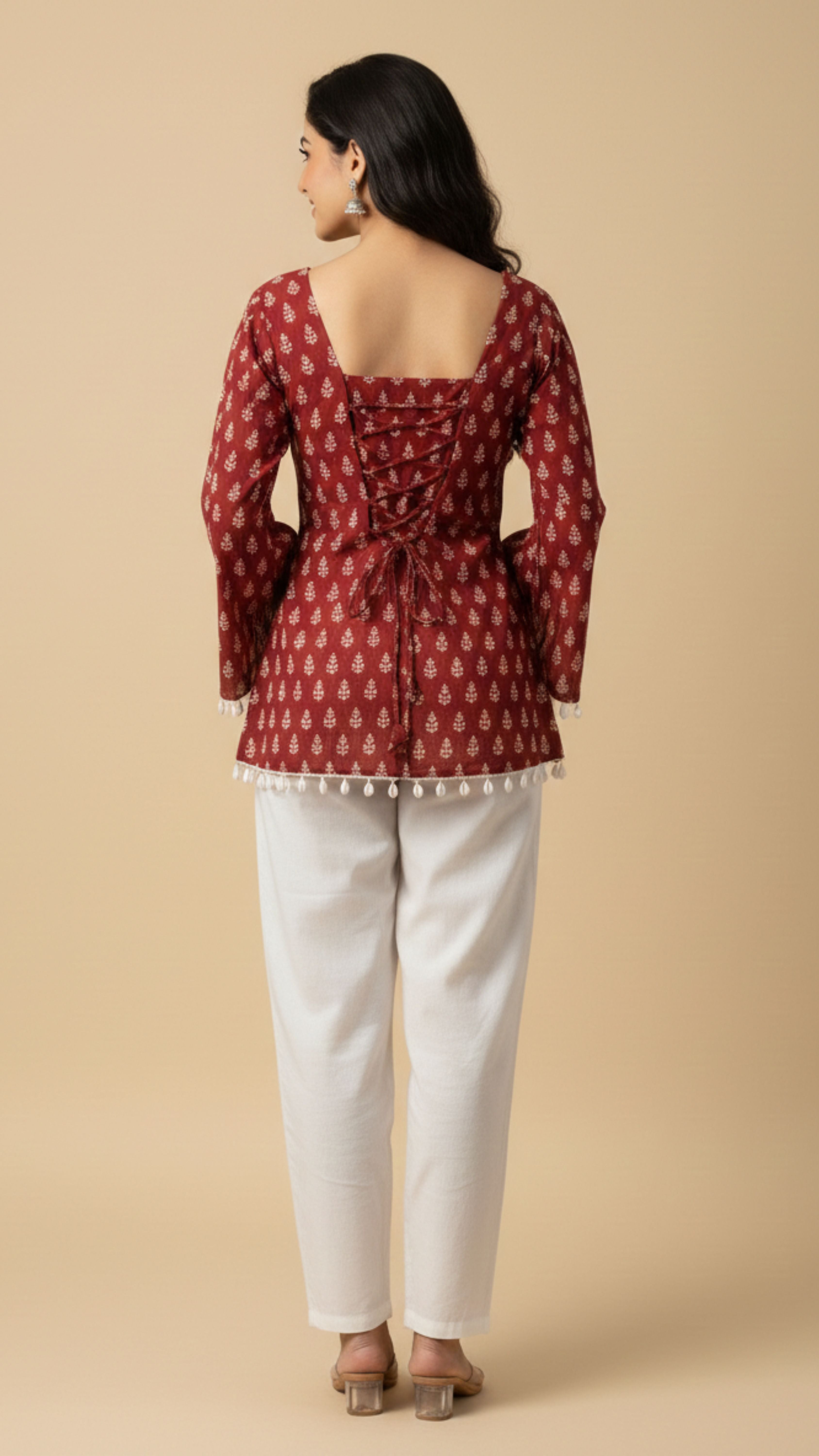 RED WHITE BAGH PRINT SHORT KURTI
