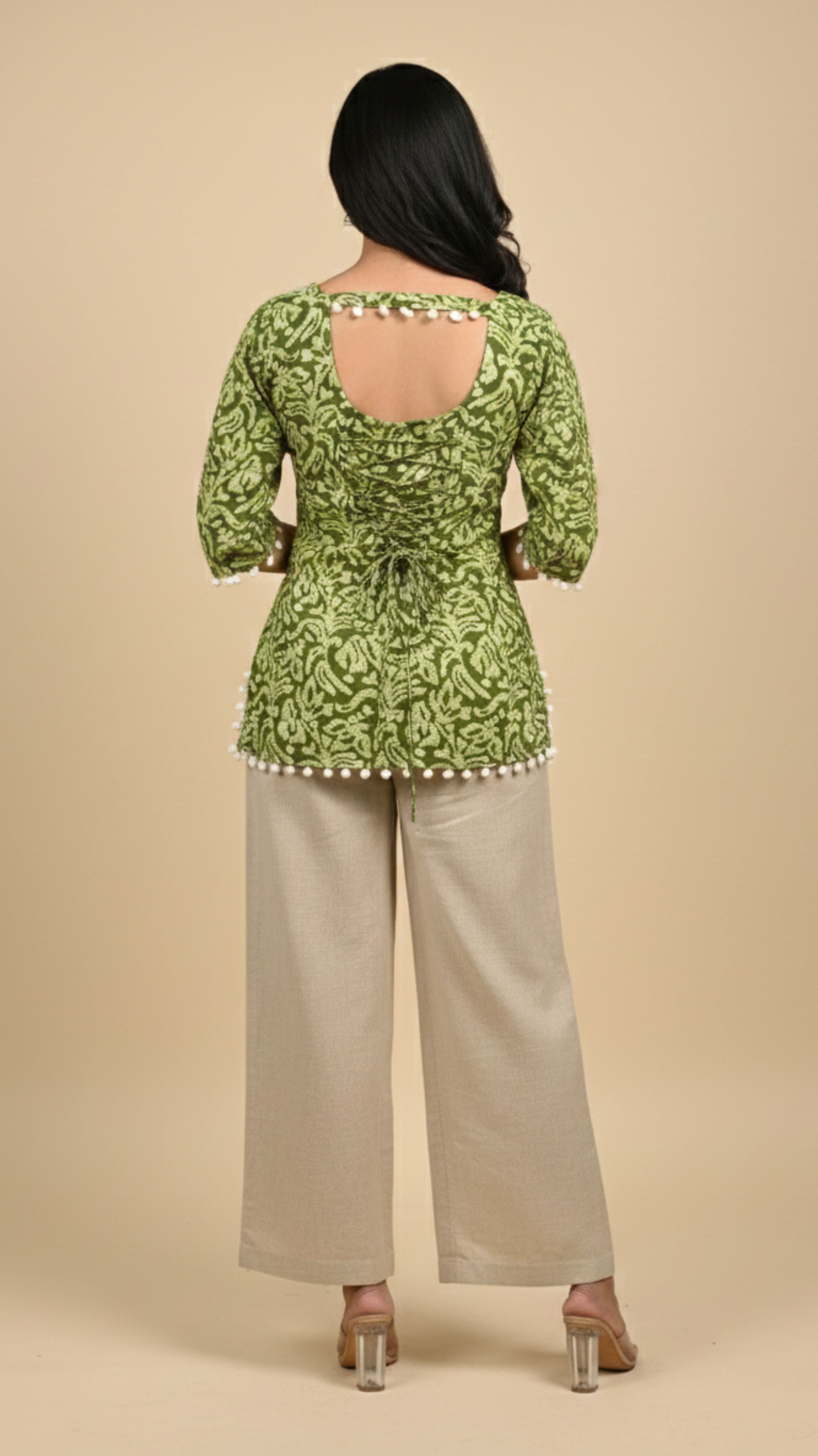 GREEN WHITE BATIK PRINT SHORT KURTI