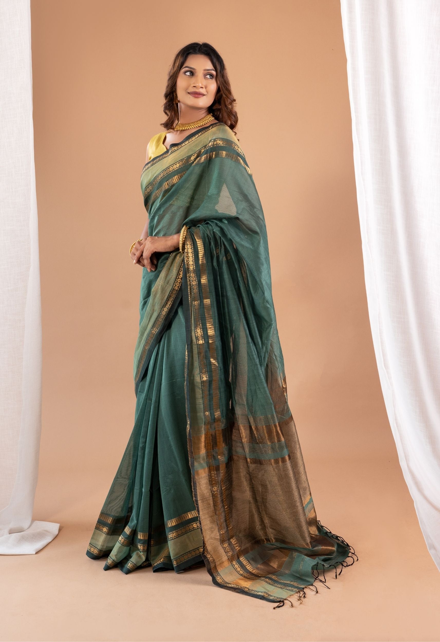 TURQOUISE GREEN ZARI BORDER MAHESHWARI SAREE