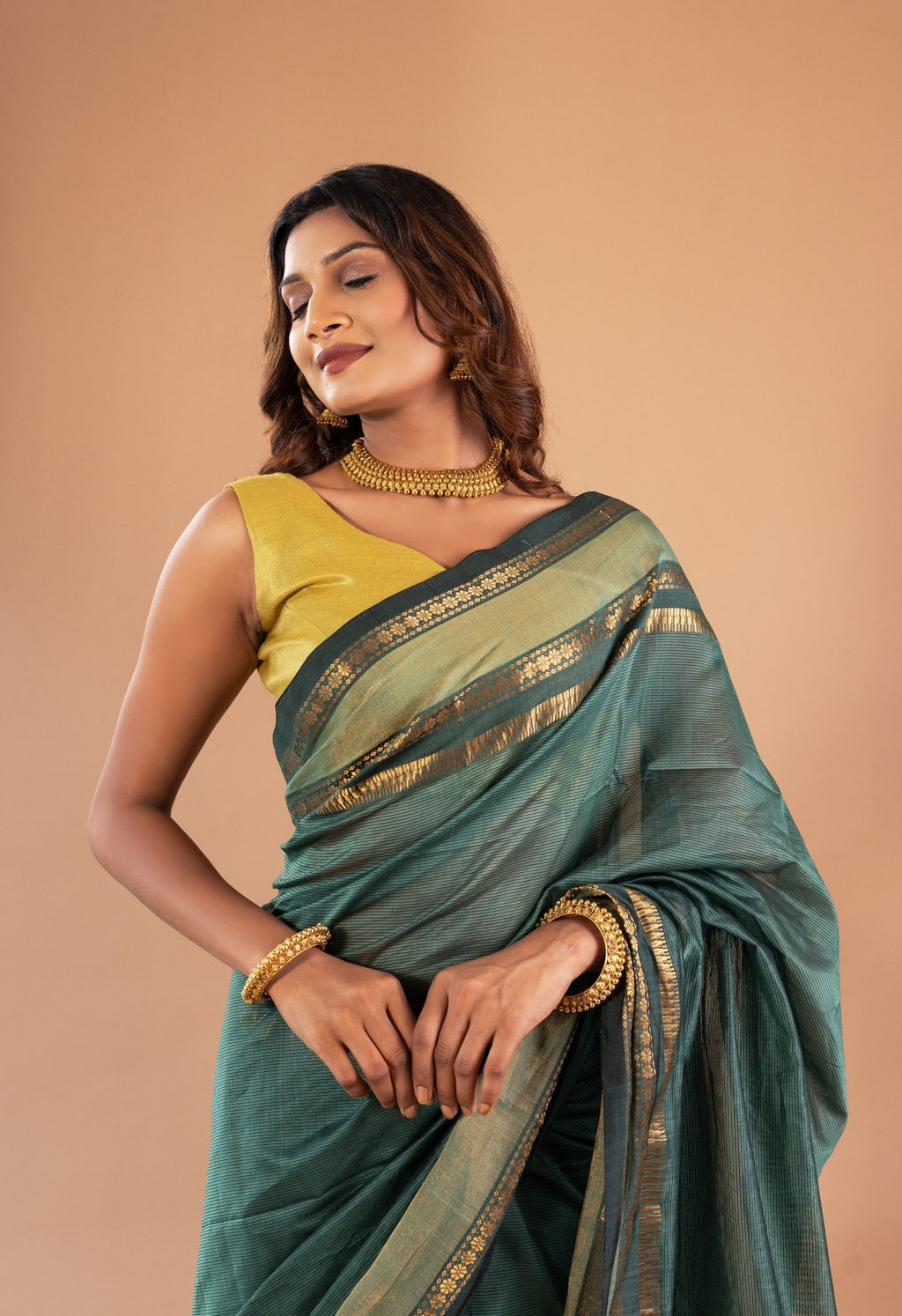TURQOUISE GREEN ZARI BORDER MAHESHWARI SAREE