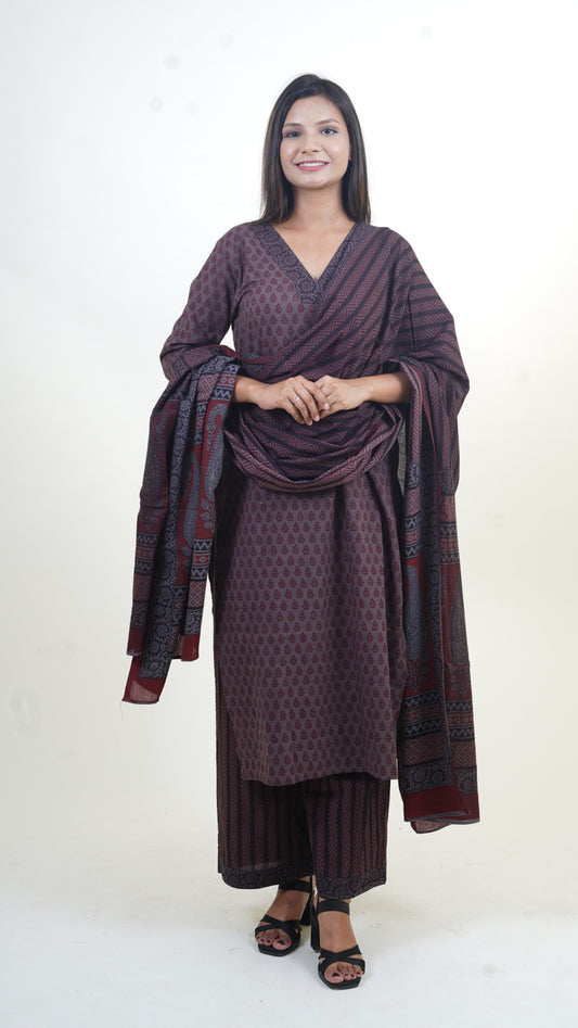 GREY CORAL RED BAGH PRINT SUIT SET