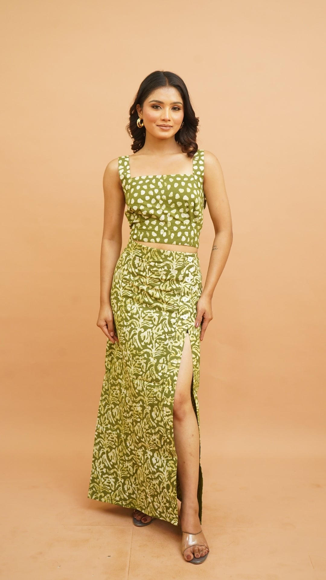 MEHENDI GREEN WHITE BATIK PRINT SKIRT SET