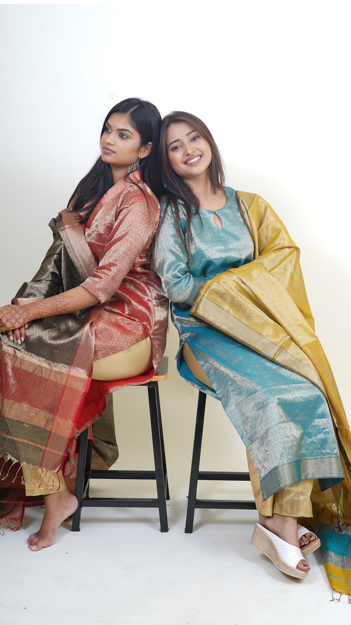 TURQUOISE BLUE-YELLOW BROCADE MAHESHWARI  MAHESHWARI SUIT DUPATTA SET