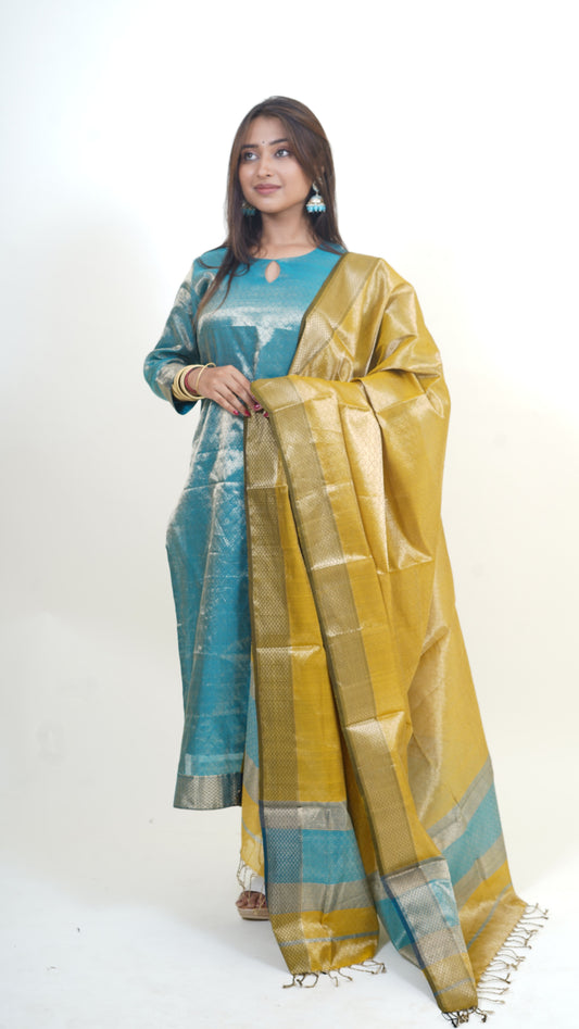 TURQUOISE BLUE-YELLOW BROCADE MAHESHWARI  MAHESHWARI SUIT DUPATTA SET