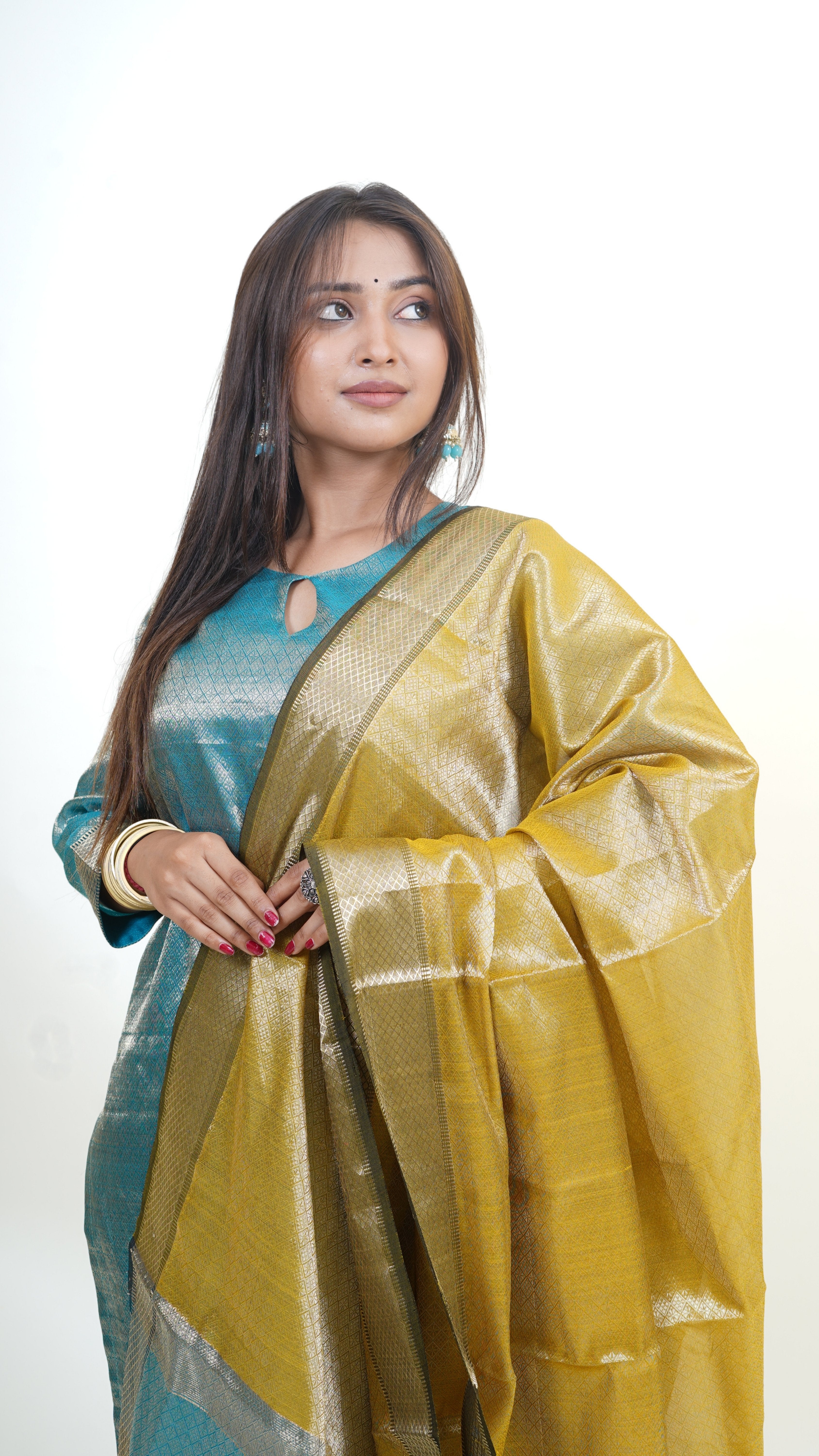 TURQUOISE BLUE-YELLOW BROCADE MAHESHWARI  MAHESHWARI SUIT DUPATTA SET