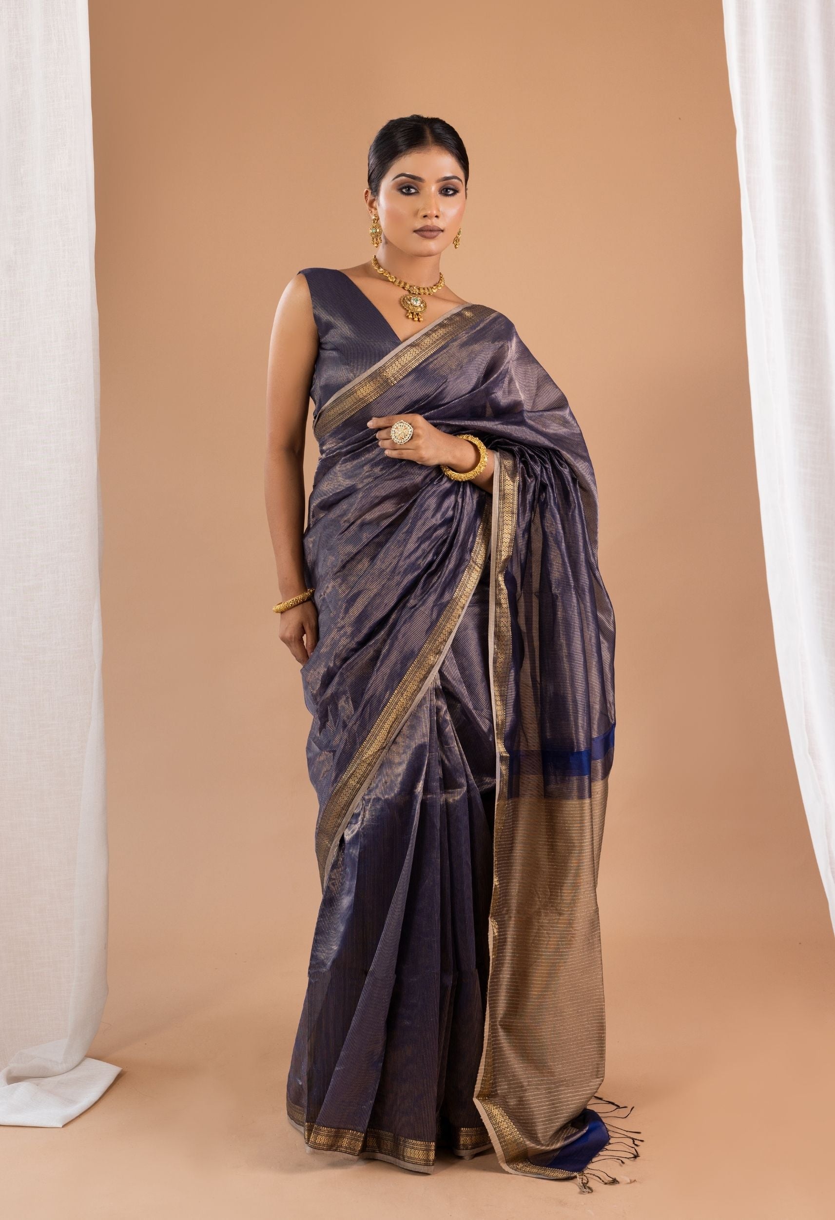 ROYAL BLUE  ZARI STRIPES KOSA  PALLU SAREE