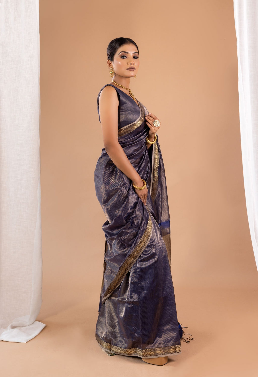 ROYAL BLUE  ZARI STRIPES KOSA  PALLU SAREE