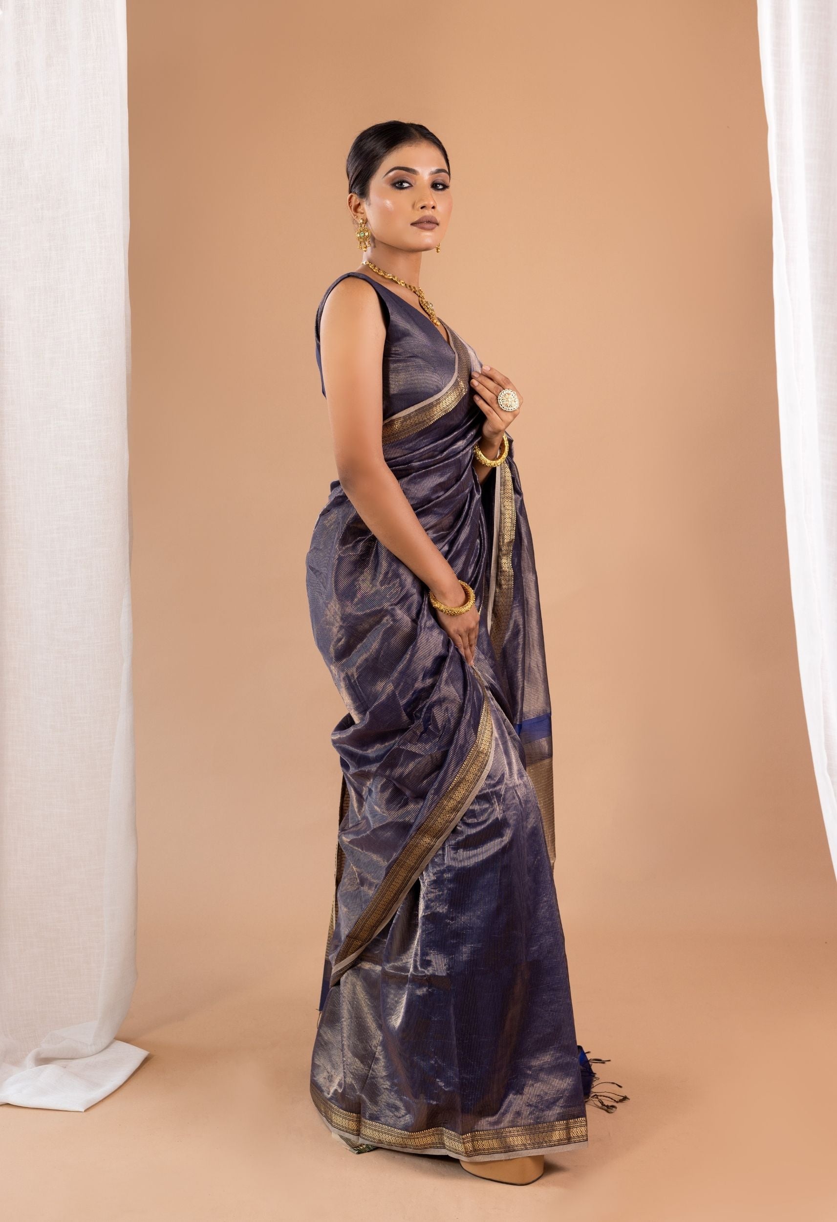 ROYAL BLUE  ZARI STRIPES KOSA  PALLU SAREE