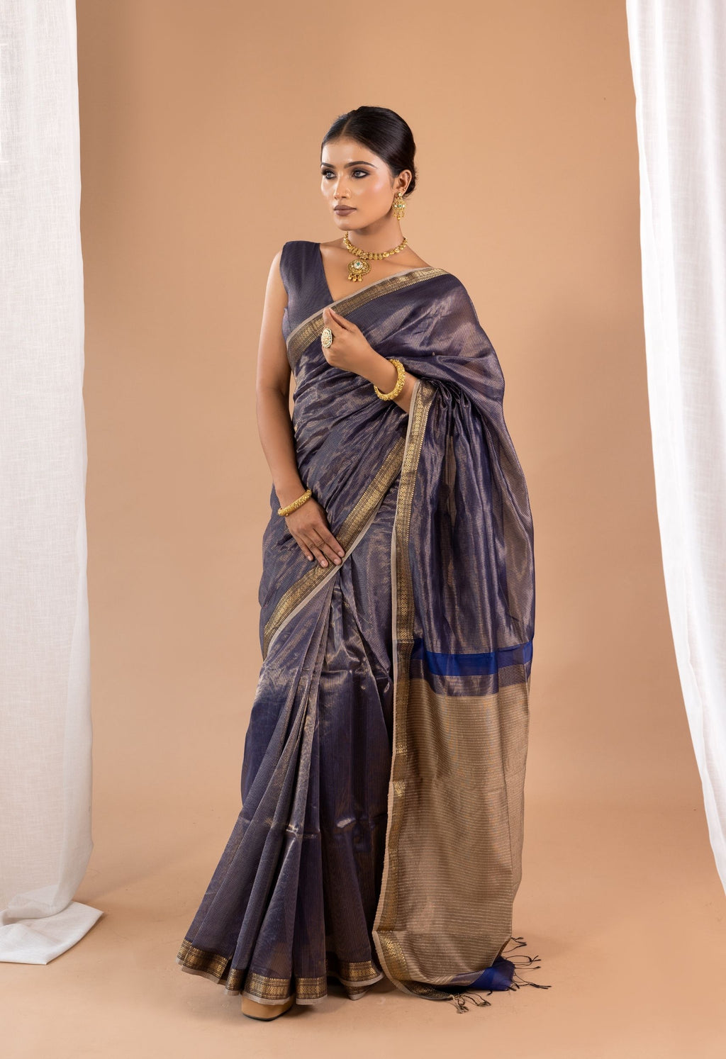 ROYAL BLUE  ZARI STRIPES KOSA  PALLU SAREE