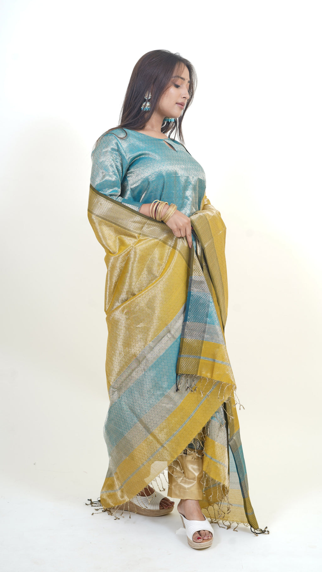 TURQUOISE BLUE-YELLOW BROCADE MAHESHWARI  MAHESHWARI SUIT DUPATTA SET