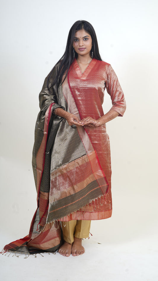BRICK RED -BLACK  BROCADE MAHESHWARI  SUIT-DUPATTA SETS