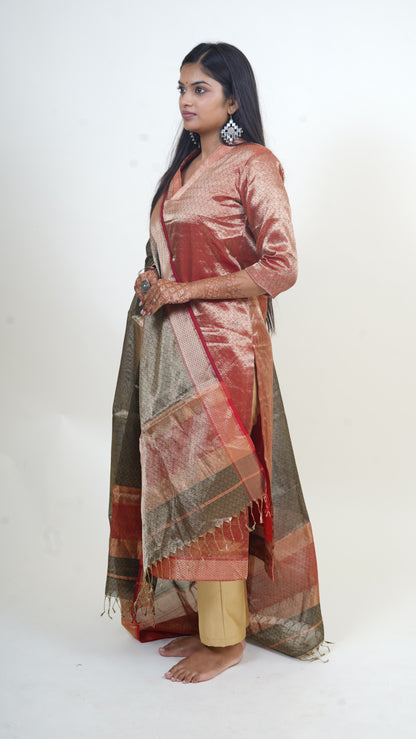 BRICK RED -BLACK  BROCADE MAHESHWARI  SUIT-DUPATTA SETS
