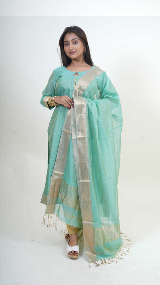 TEAL BLUE TISSUE SILK STRIP  MAHESHWARI SUIT-DUPATTA  SET