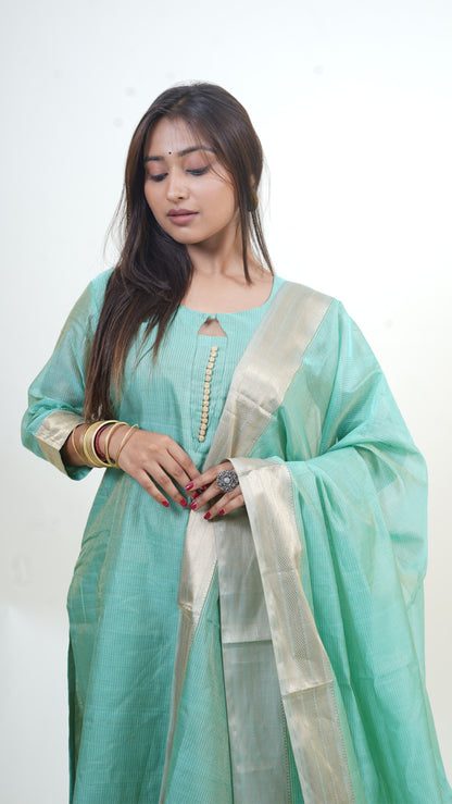 TEAL BLUE TISSUE SILK STRIP  MAHESHWARI SUIT-DUPATTA  SET