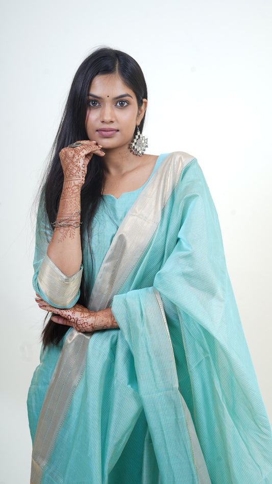 AQUA BLUE TISSUE SILK STRIP  MAHESHWARI SUIT-DUPATTA SET