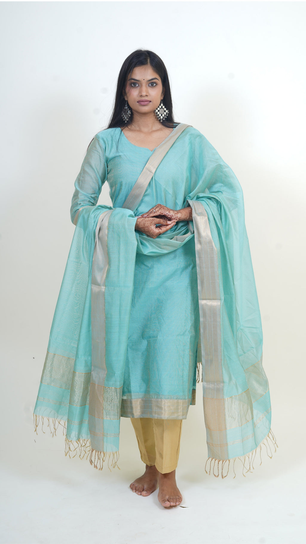 AQUA BLUE TISSUE SILK STRIP  MAHESHWARI SUIT-DUPATTA SET