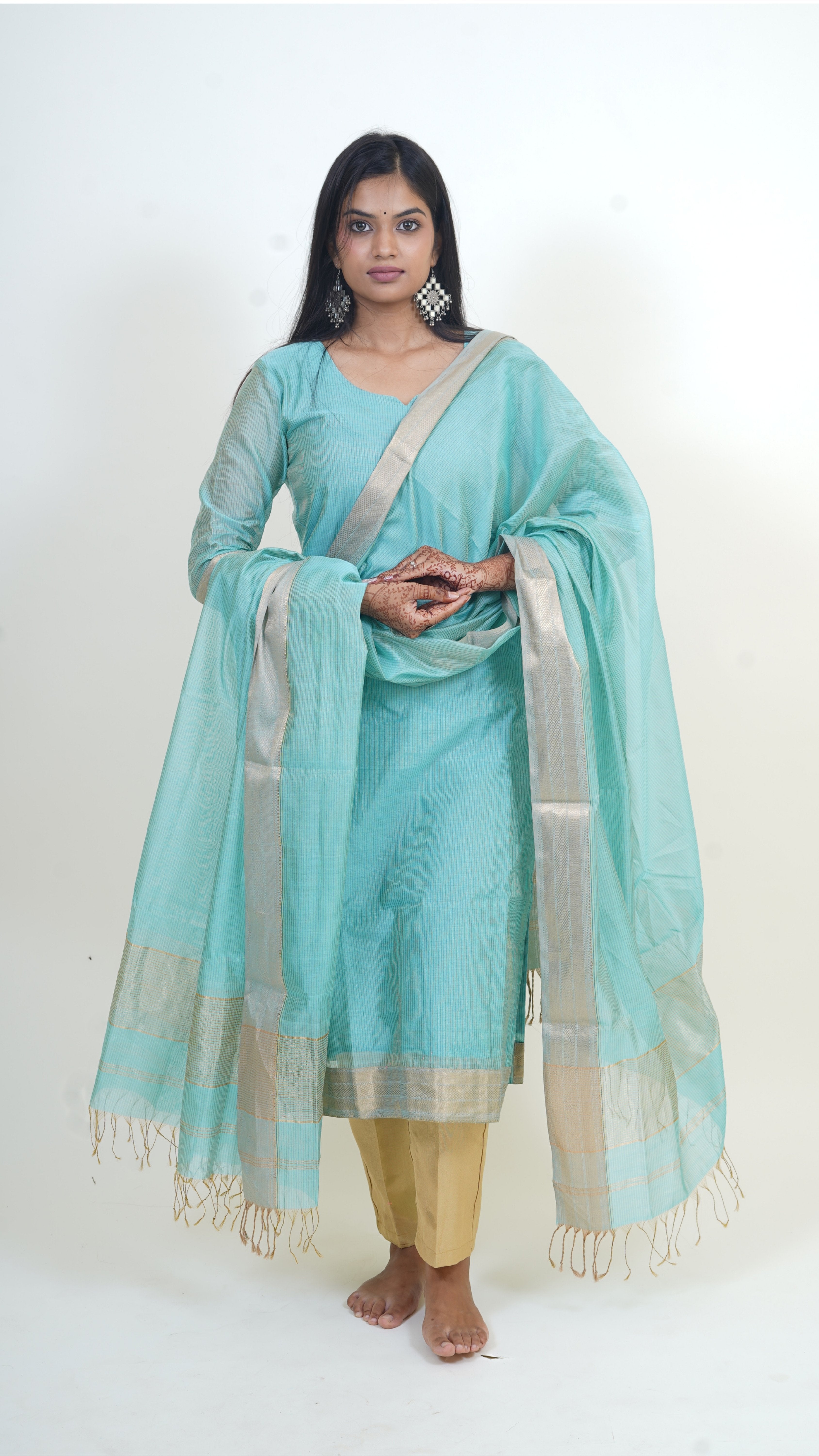 AQUA BLUE TISSUE SILK STRIP  MAHESHWARI SUIT-DUPATTA SET