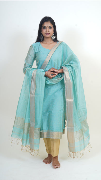 AQUA BLUE TISSUE SILK STRIP  MAHESHWARI SUIT-DUPATTA SET
