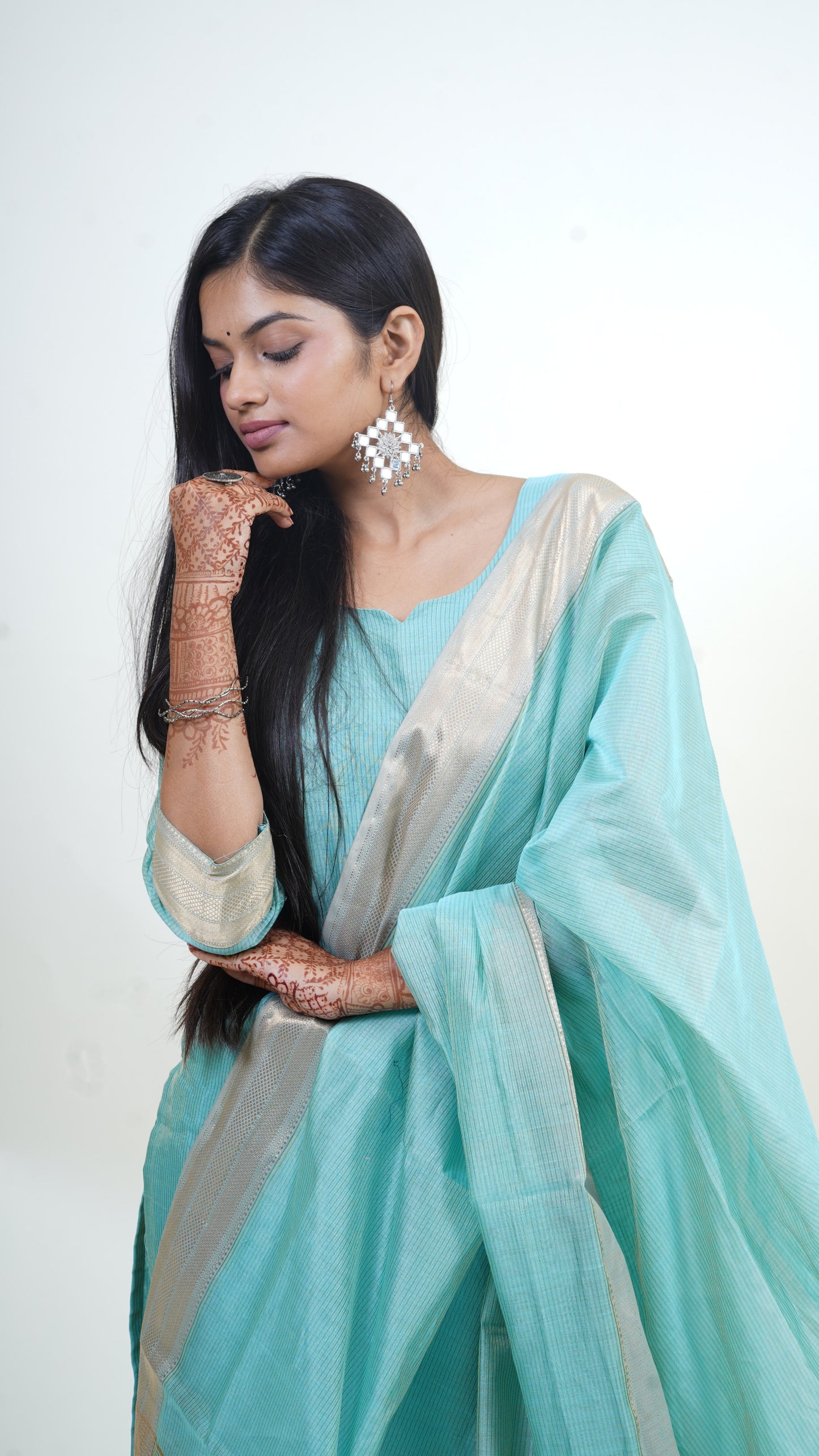 AQUA BLUE TISSUE SILK STRIP  MAHESHWARI SUIT-DUPATTA SET