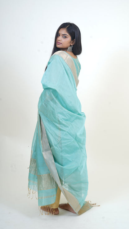 AQUA BLUE TISSUE SILK STRIP  MAHESHWARI SUIT-DUPATTA SET
