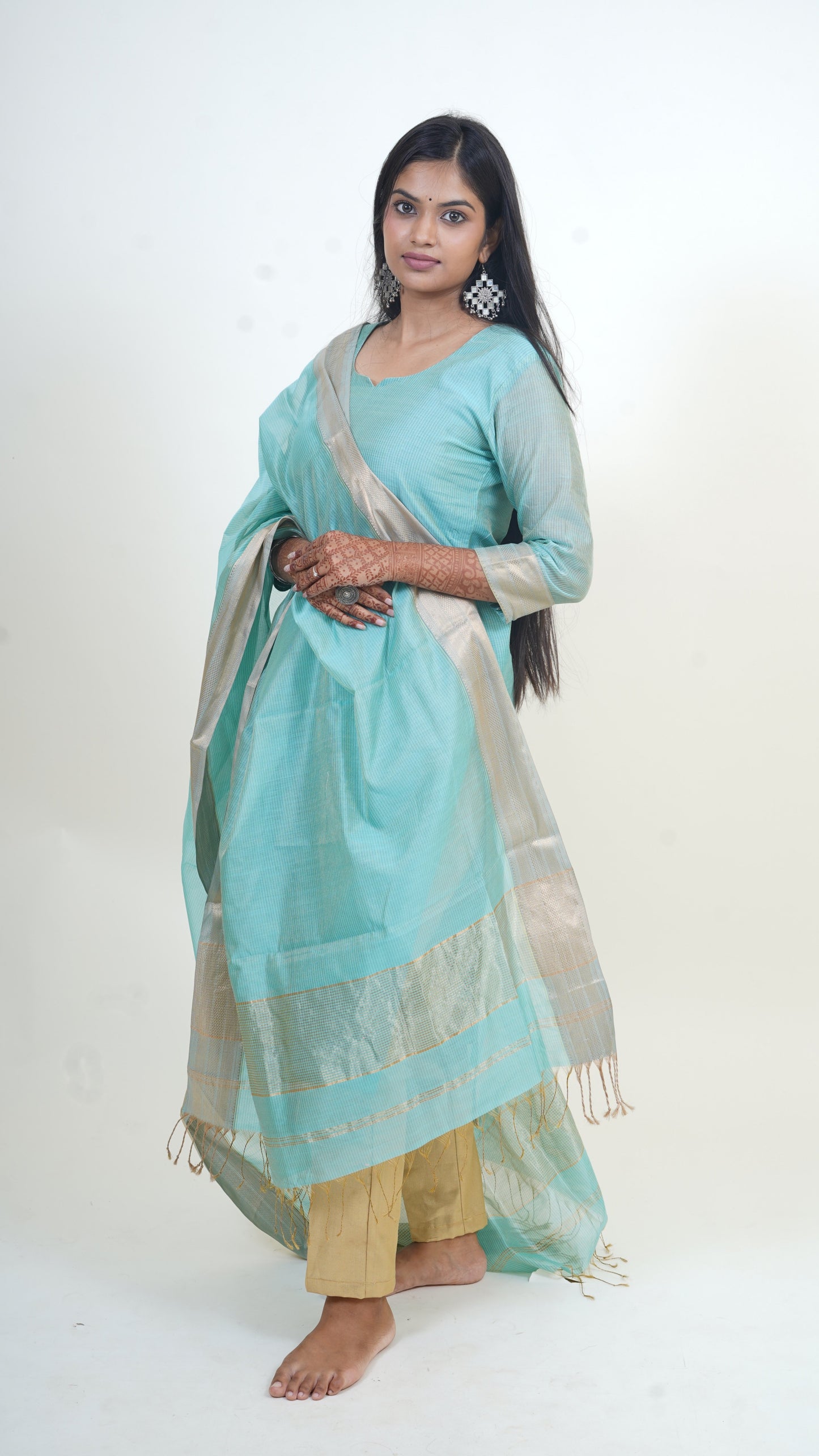 AQUA BLUE TISSUE SILK STRIP  MAHESHWARI SUIT-DUPATTA SET