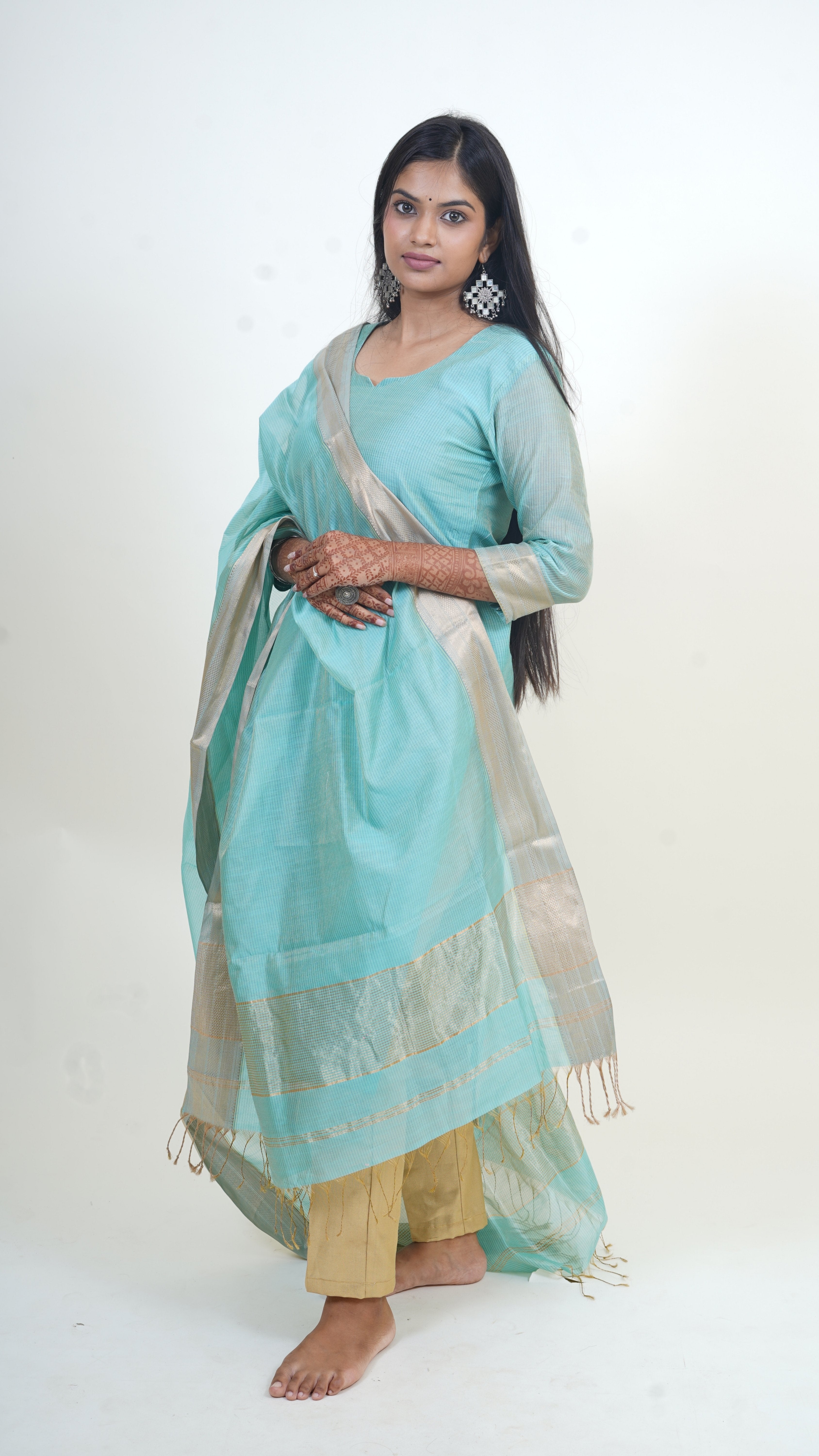 AQUA BLUE TISSUE SILK STRIP  MAHESHWARI SUIT-DUPATTA SET