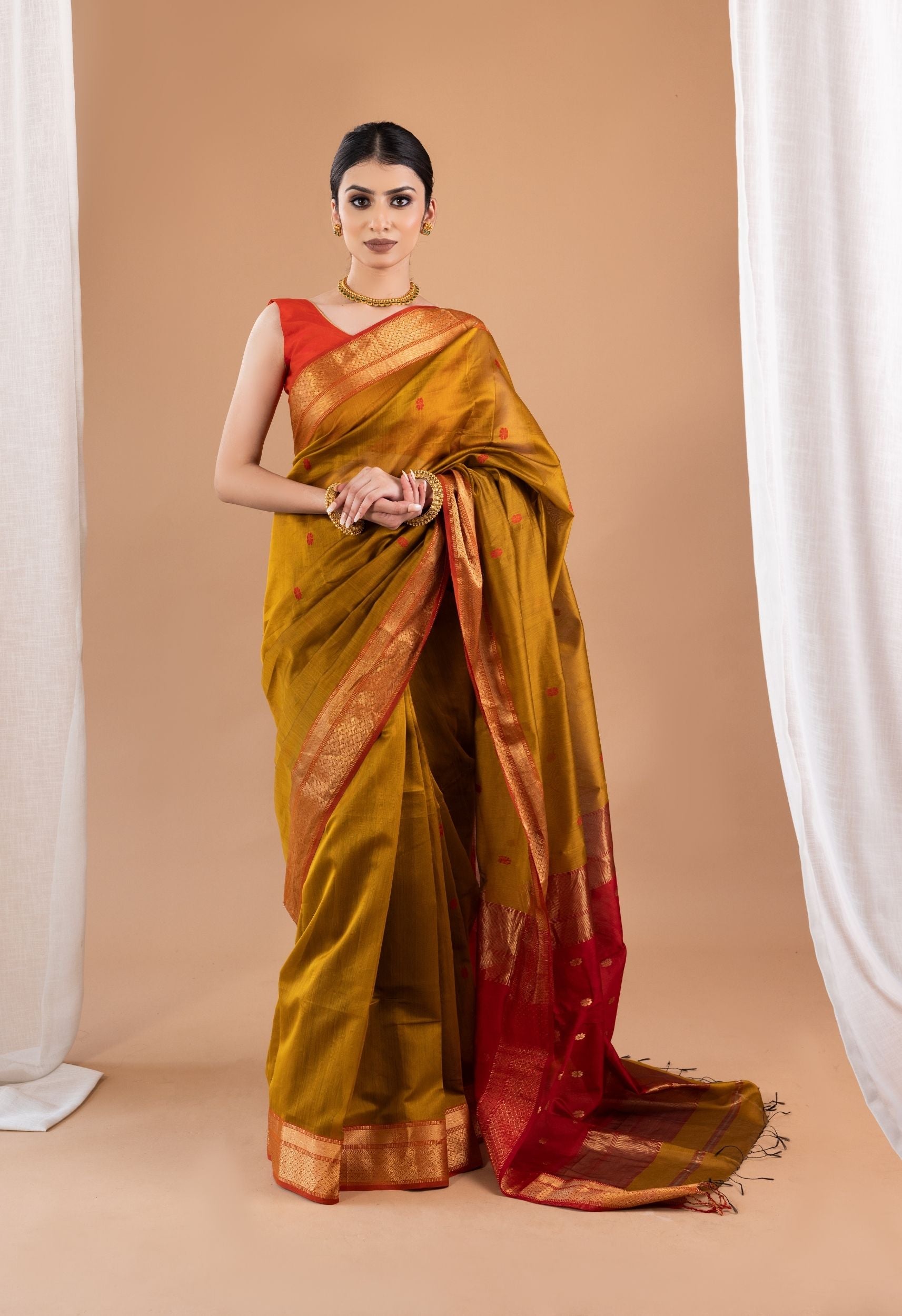 YELLOW RED  BUTTI MAHESHWARI SAREE