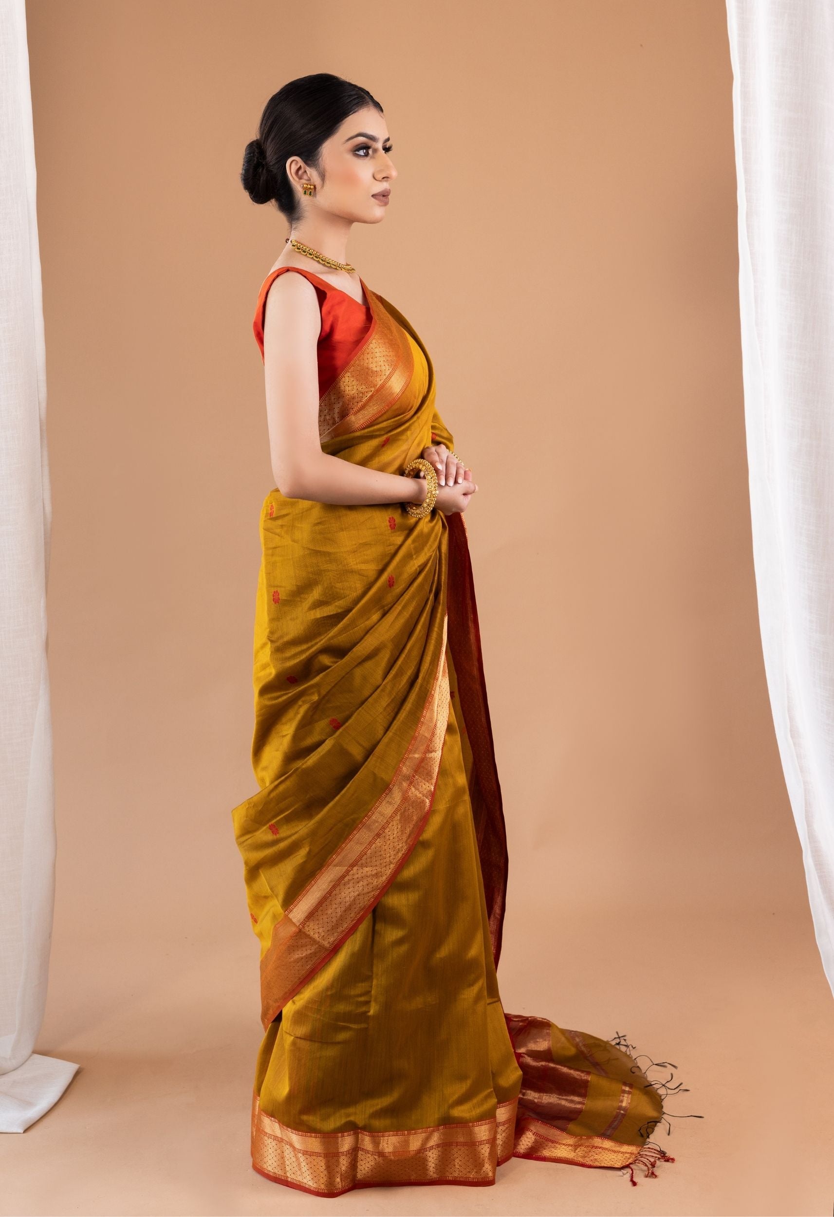 YELLOW RED  BUTTI MAHESHWARI SAREE