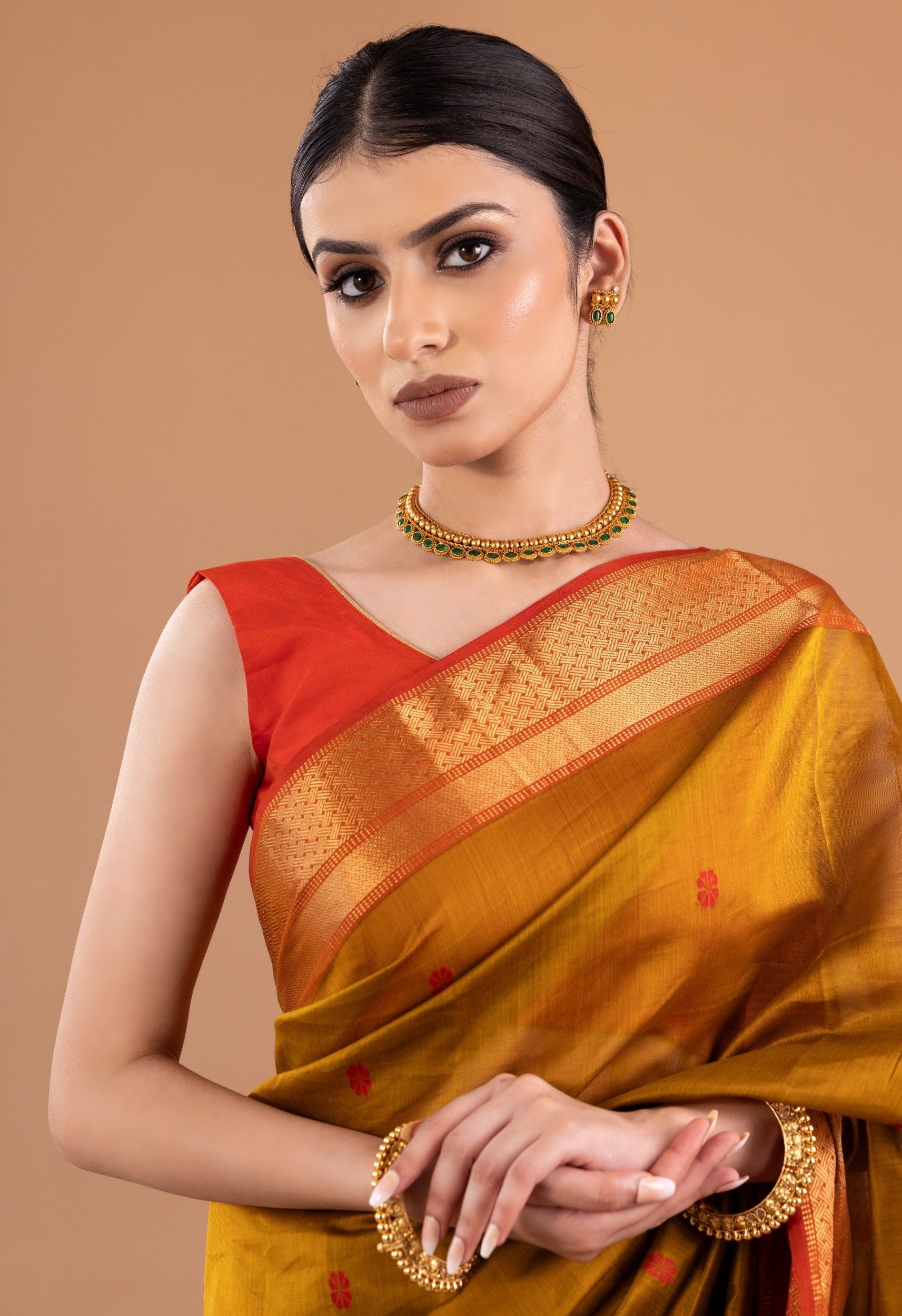 YELLOW RED  BUTTI MAHESHWARI SAREE