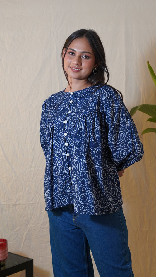 INDIGO PAISLEY PRINT BUTTON-DOWN BAGH PRINT TOP