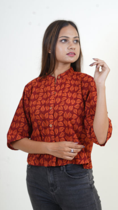 RED ORANGE PALM BAGH PRINT OVERSIZED SHIRT