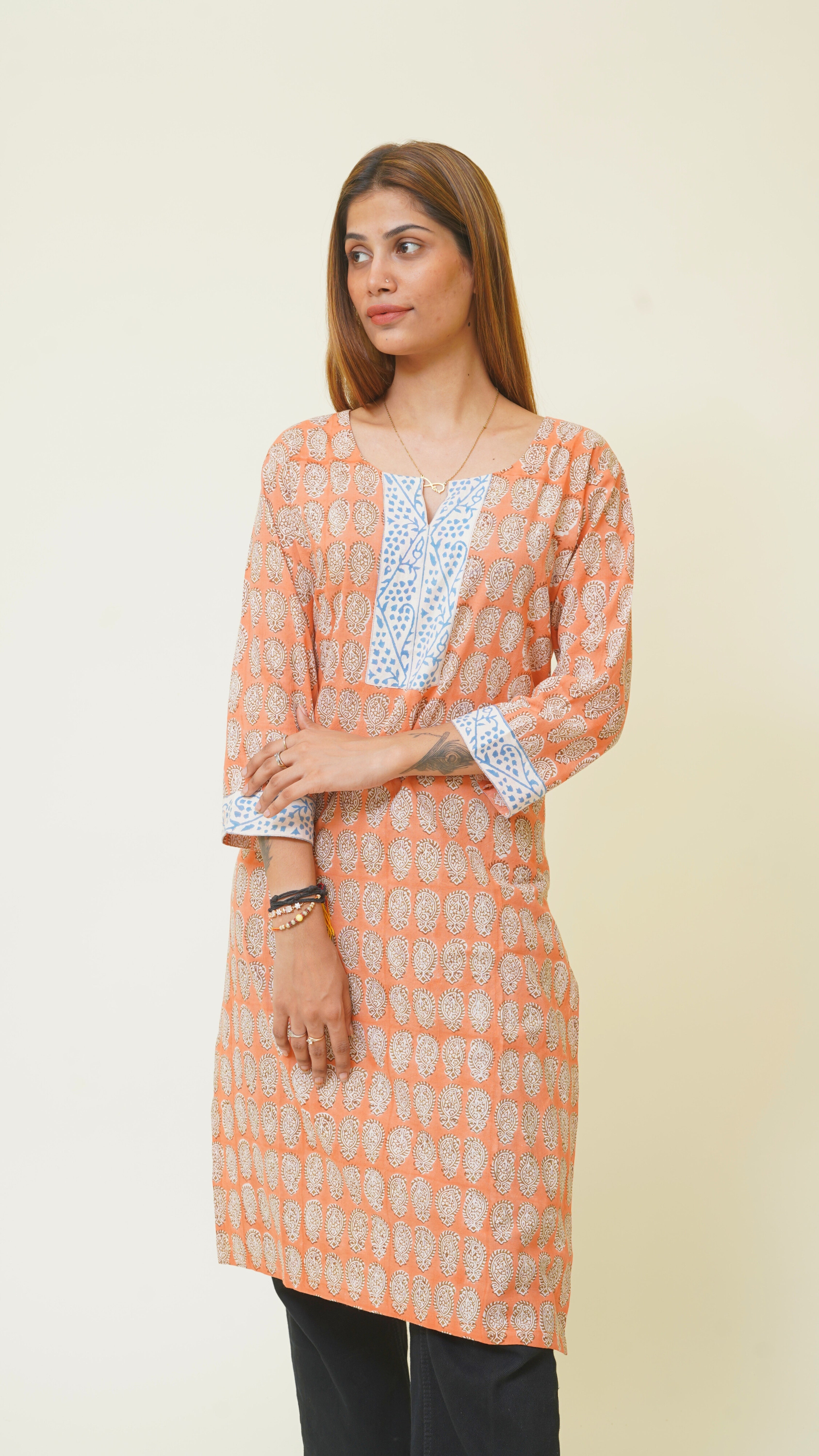 ORANGE WHITE BAGH PRINT KURTA