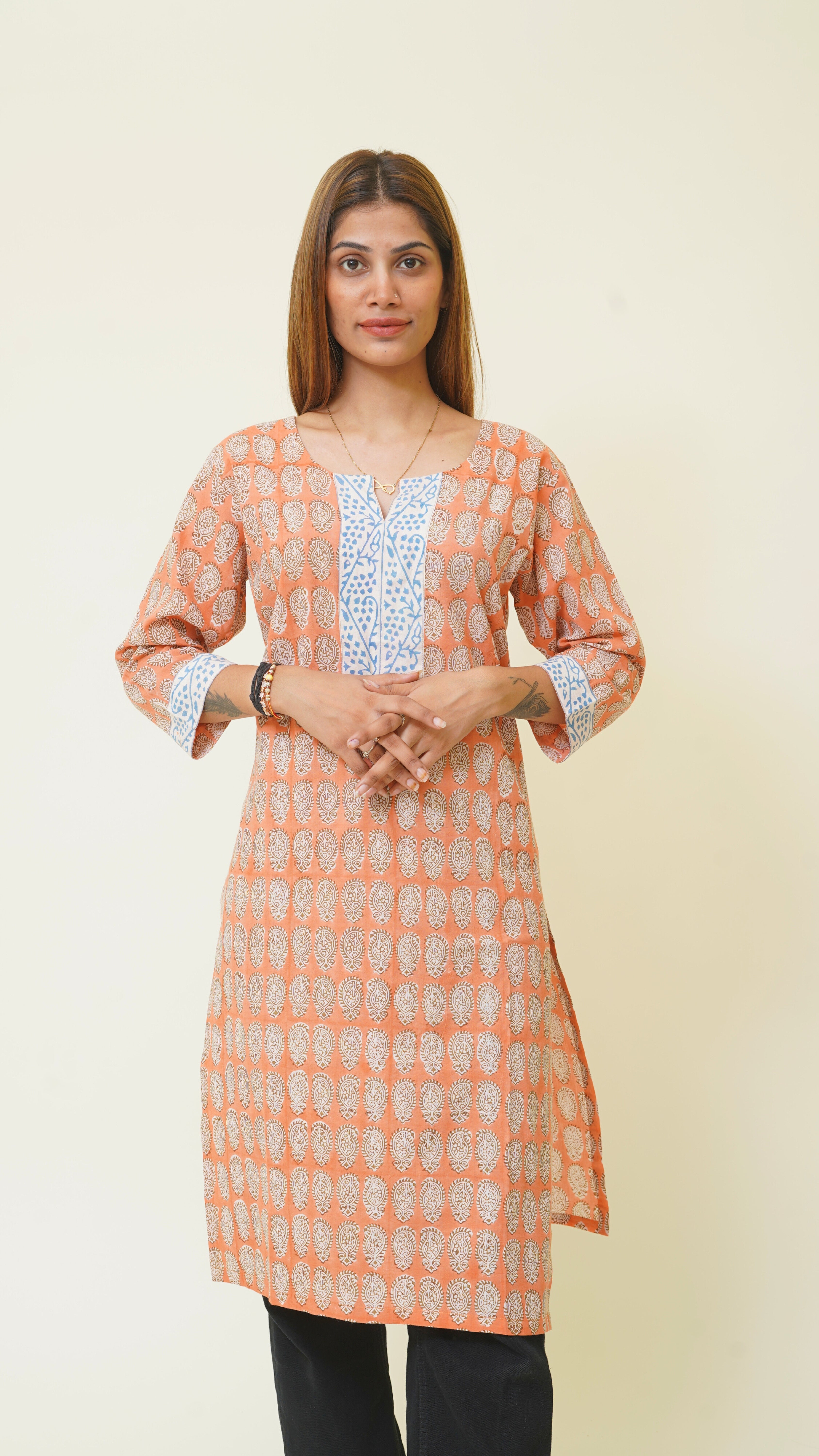 ORANGE WHITE BAGH PRINT KURTA