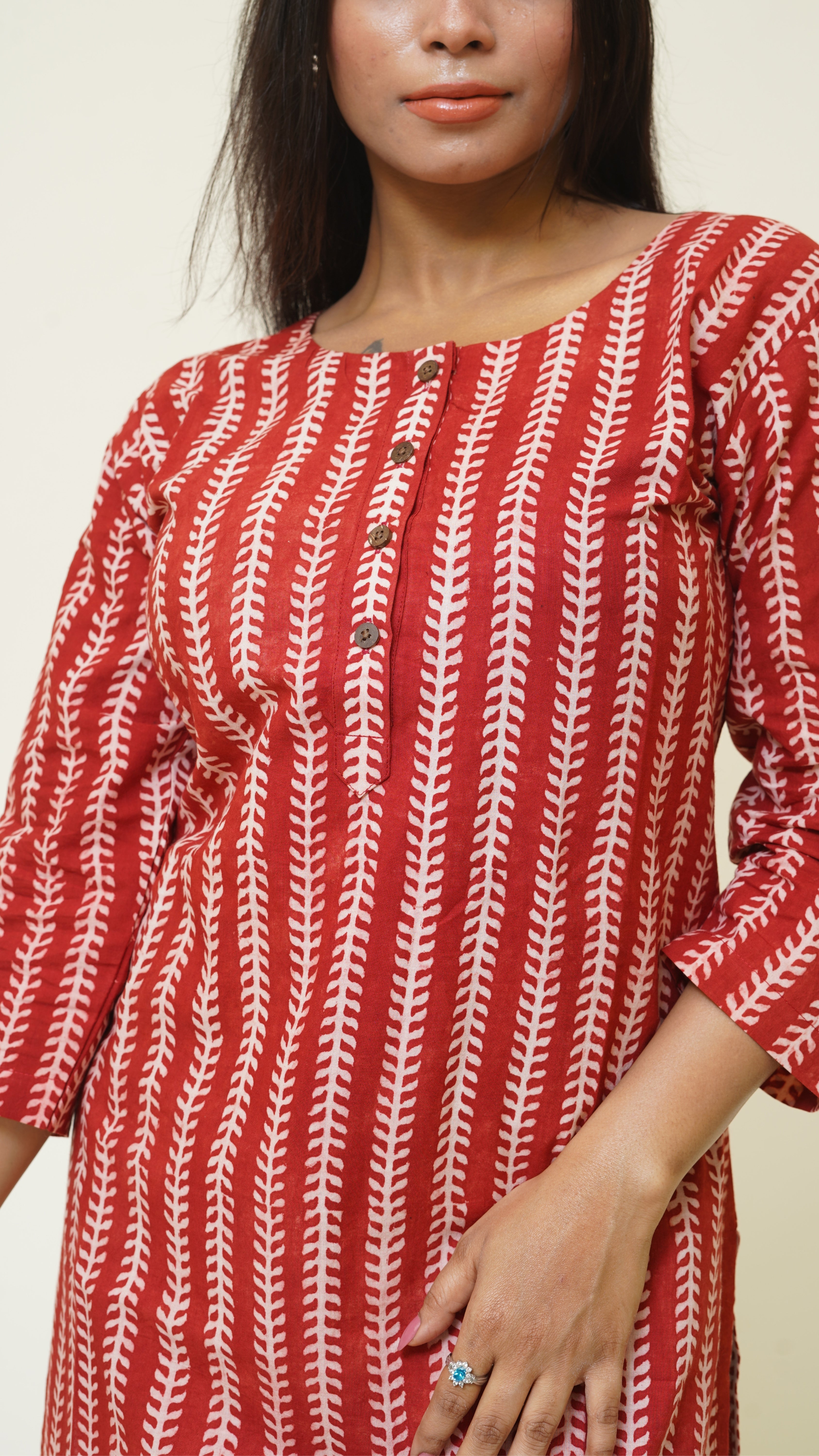 RED WHITE STRIPE BAGH PRINT KURTA