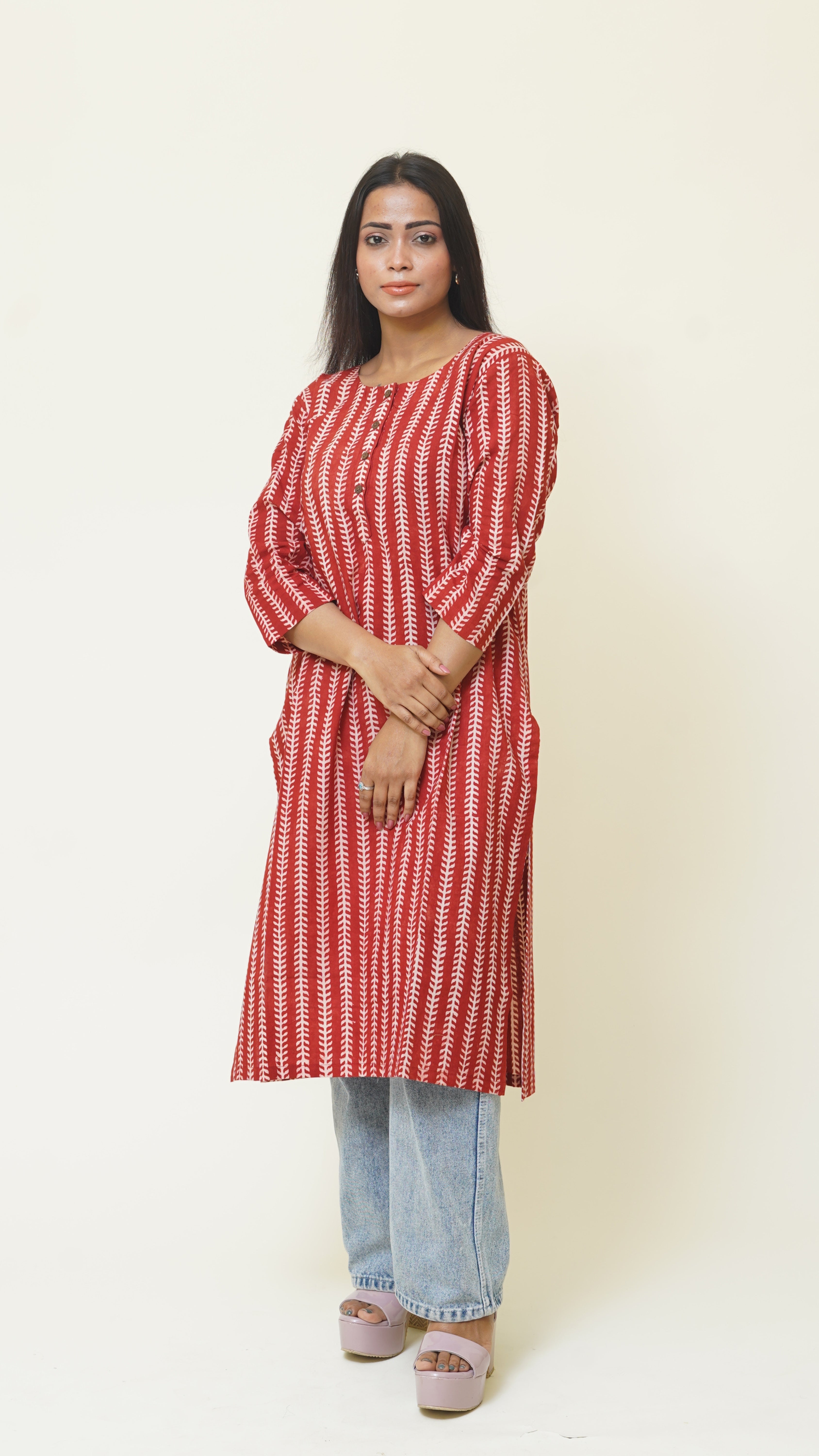 RED WHITE STRIPE BAGH PRINT KURTA